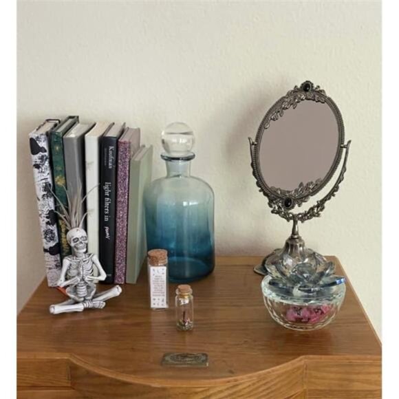 Small Metal Vintage Makeup Mirror Floral Tabletop Oval Vanity Swivel Double Side - Picture 5 of 7